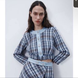 BNWT Zara combination textured tweed denim top blue multicolor